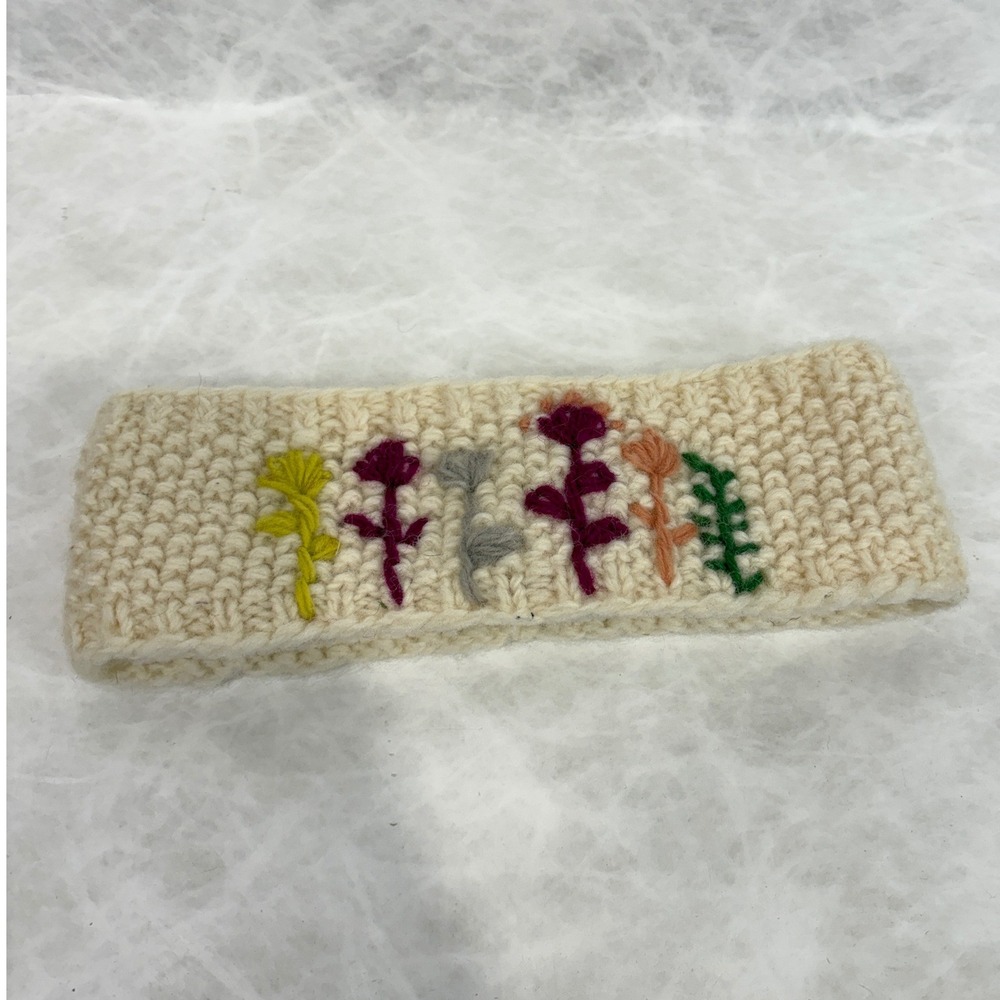 Earth Divas Fair Trade Wool Headband Embroidered Floral Fleece Lined Nepal Cream